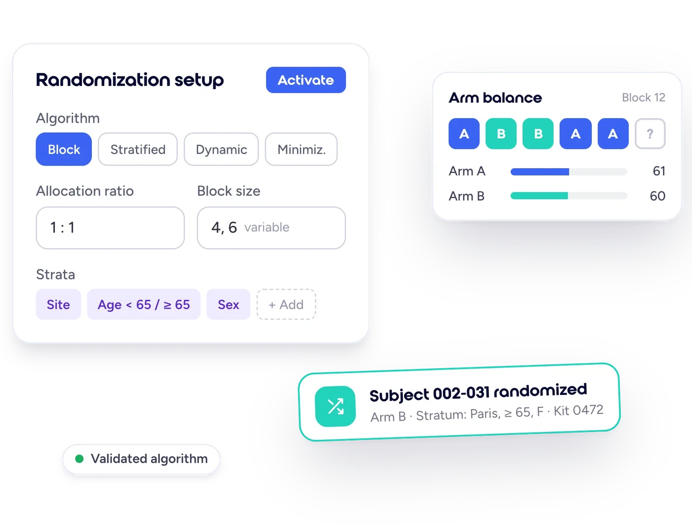 Datacapt randomization setup with block, stratified, dynamic and minimization algorithms, strata and arm balance