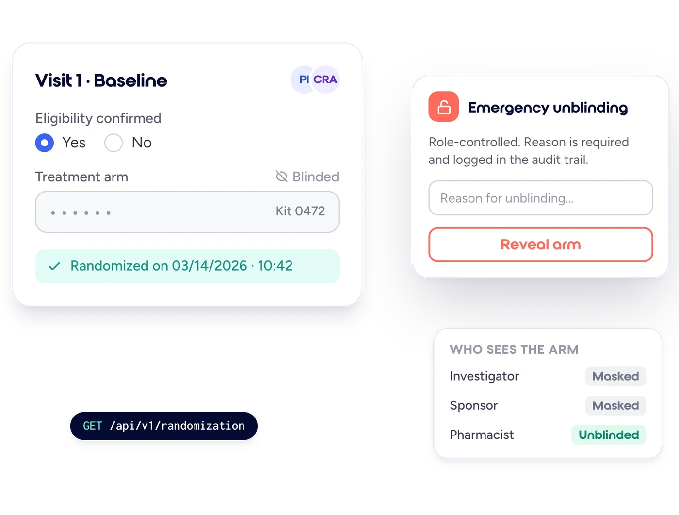 Datacapt randomization inside the visit form with a blinded treatment arm, emergency unblinding and role-based arm visibility