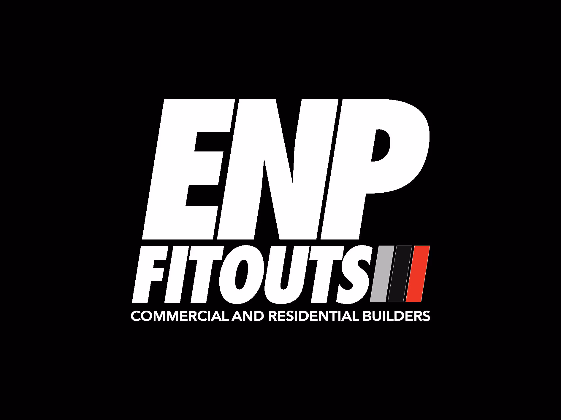ENP Fitouts logo with the tagline Commercial and Residential Builders, featuring bold white text and three vertical bars in grey, black, and red.