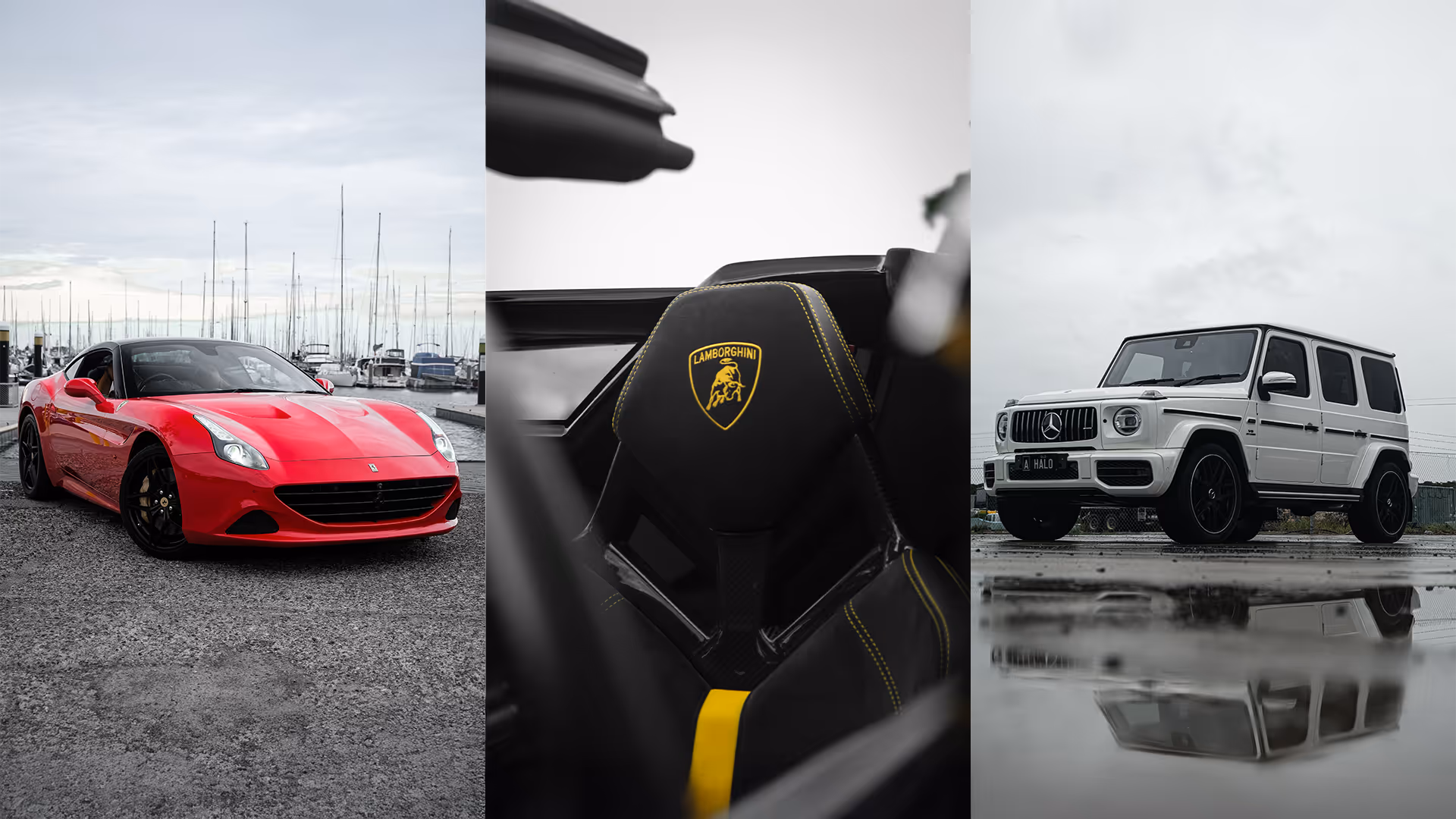 Collage of three images: red Ferrari sports car by marina, close-up of Lamborghini car seat with logo, and white Mercedes G-Class SUV reflected on wet pavement.