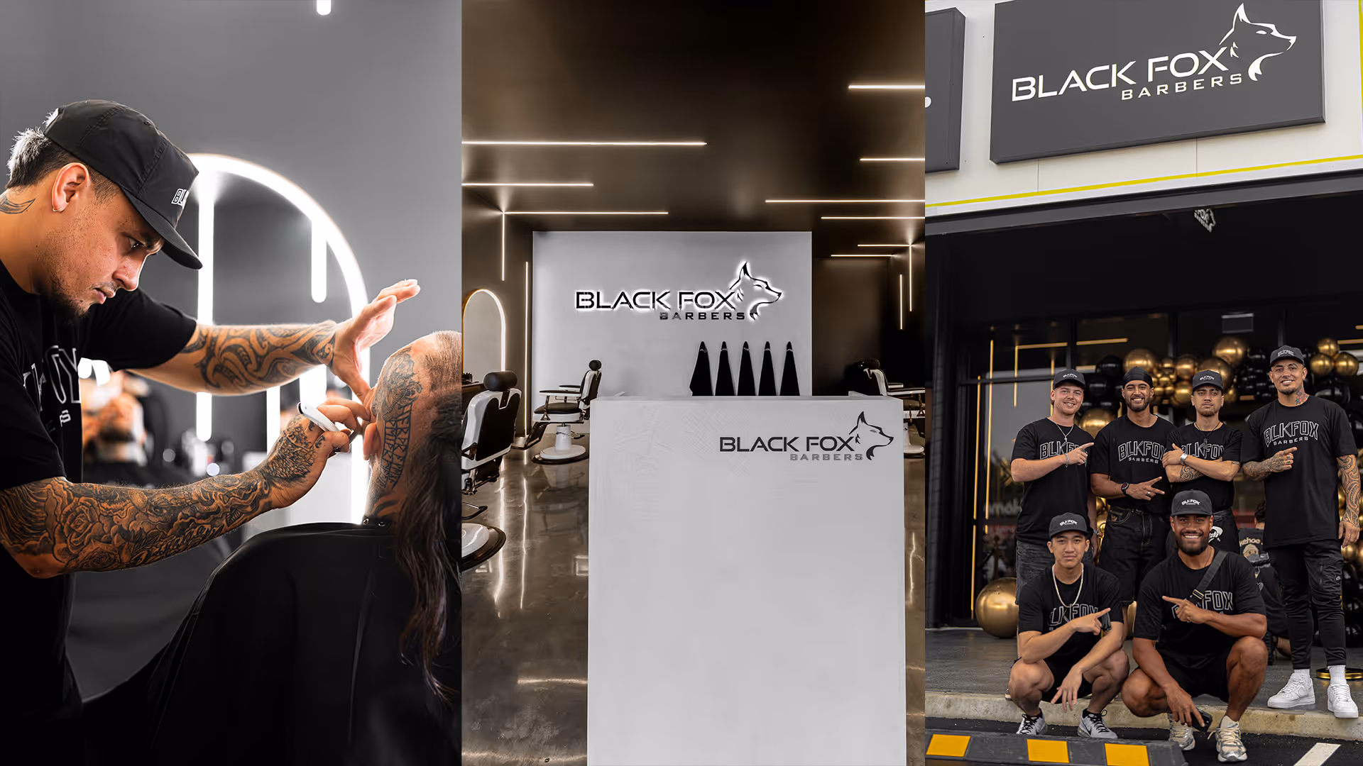 Collage showing a tattooed barber cutting a client's hair, the modern Black Fox Barbers reception area, and six staff members posing outside the barbershop.