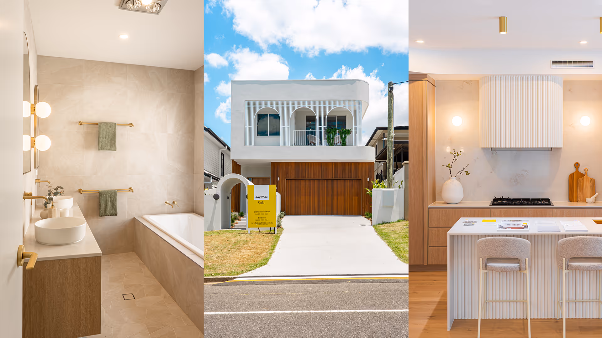 Collage of three images showing a modern bathroom with gold fixtures, a two-story contemporary house with wooden garage door, and a kitchen with an island and bar stools.