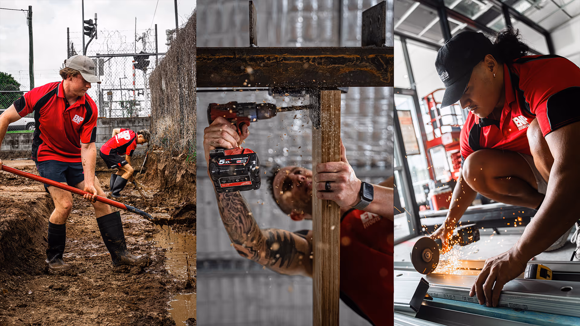 Three workers in red and black uniforms performing construction tasks: digging muddy ground, drilling wood, and cutting metal with sparks flying.
