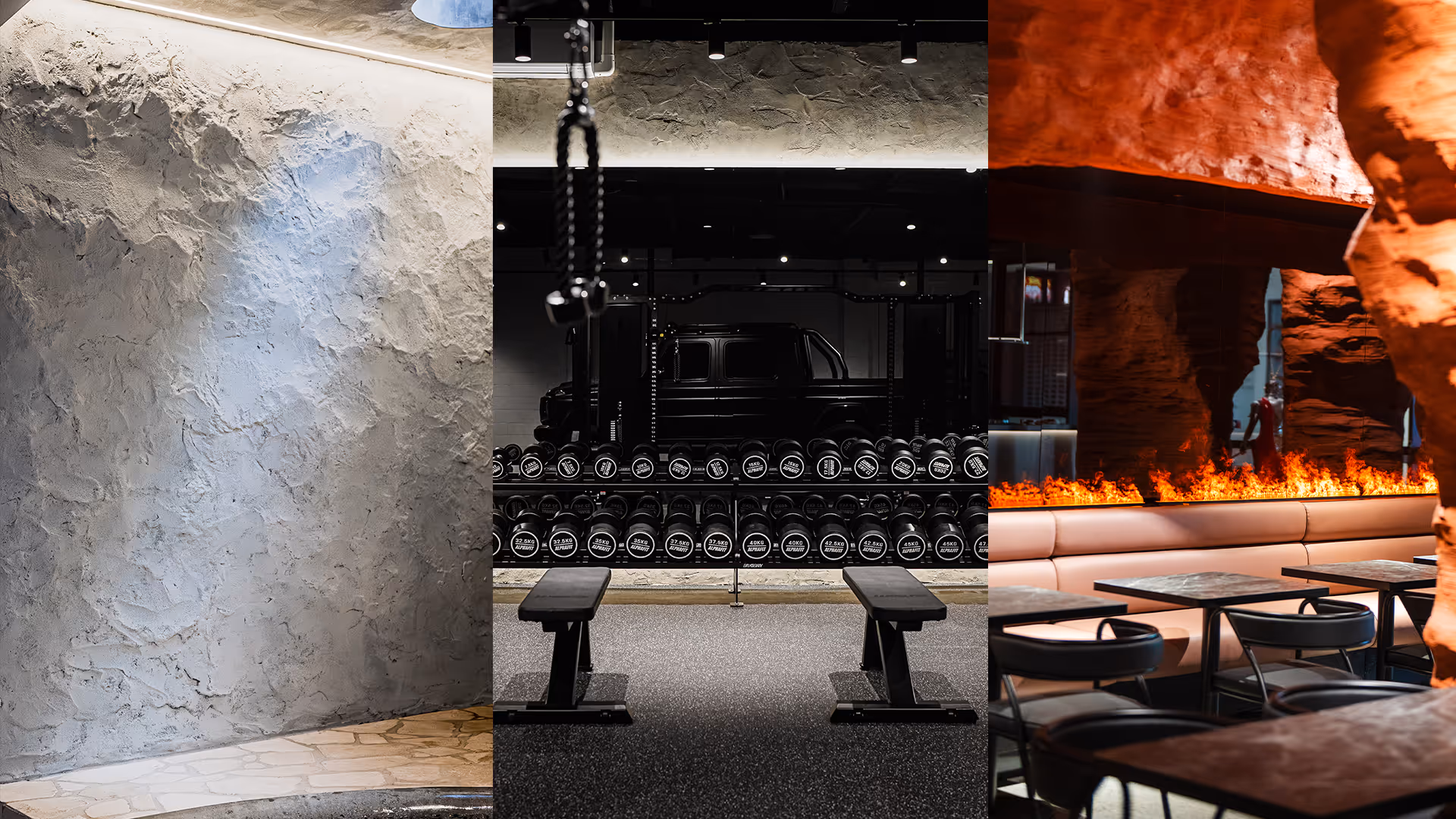 Triptych showing a textured concrete wall, a gym area with dumbbells and benches, and a modern restaurant with a fire feature and exposed rock walls.