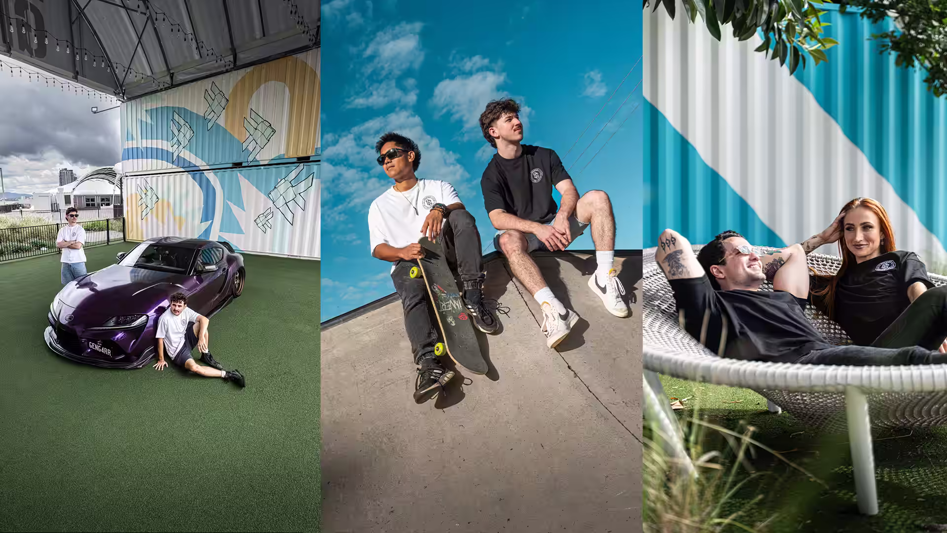 Three scenes: two men with a purple sports car on green turf under canopy, two men sitting on skate ramp with skateboard against blue sky, and a man and woman lounging on a hammock chair outdoors.