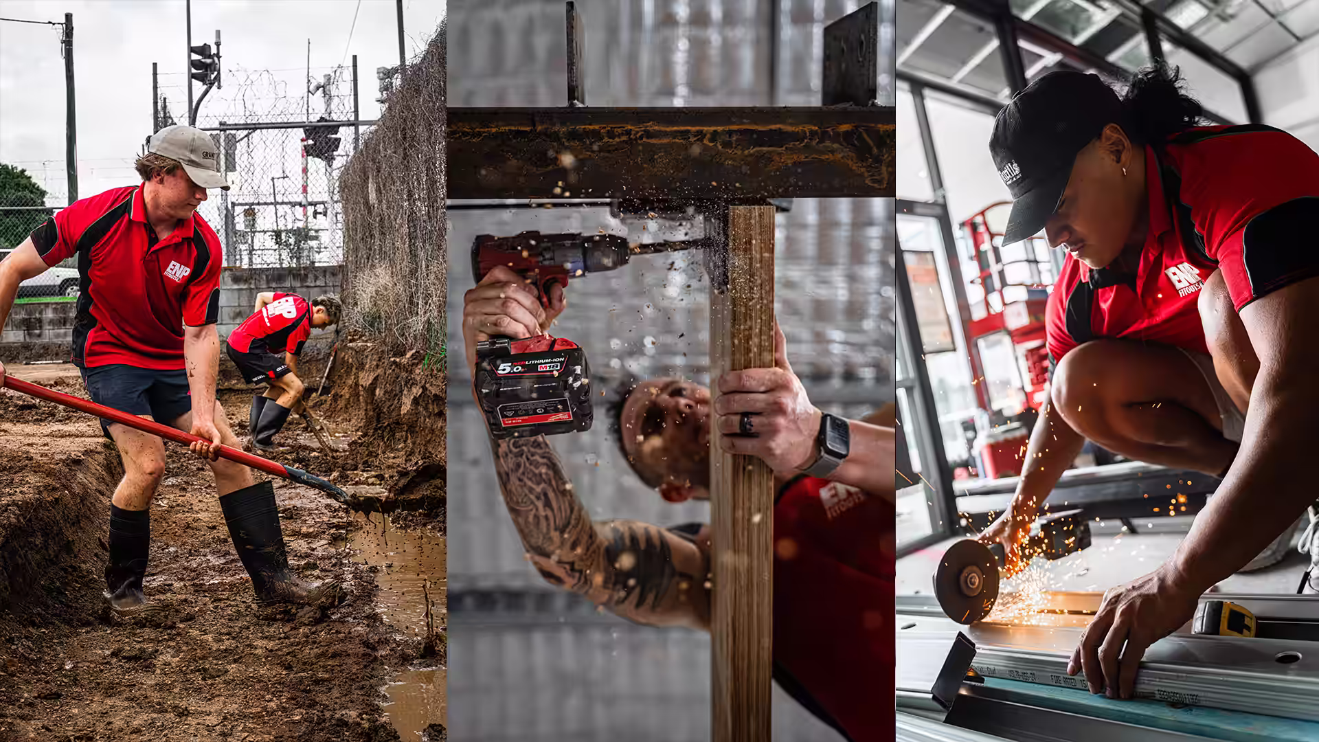 Collage of workers in red shirts performing construction tasks including digging, drilling wood, and grinding metal with sparks flying.