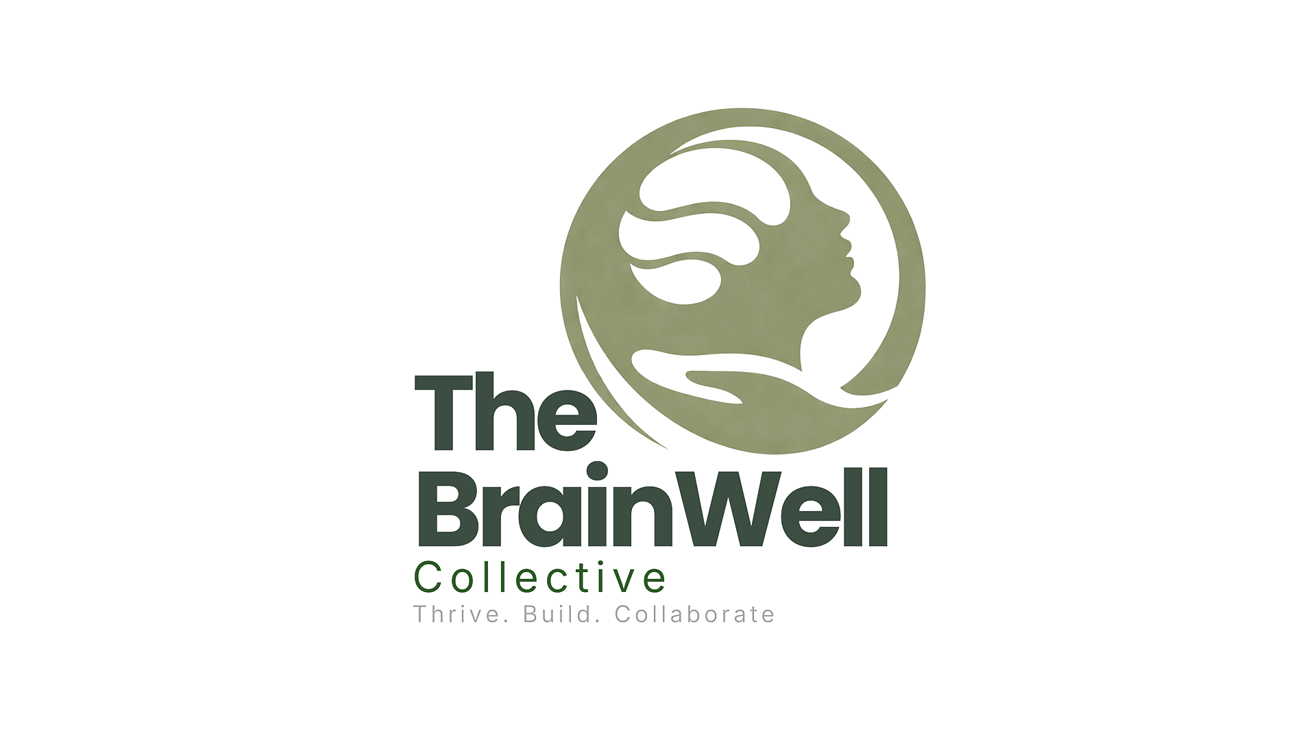 Logo of a stylized human head with brain and an open hand, with text The BrainWell Collective Thrive Build Collaborate.