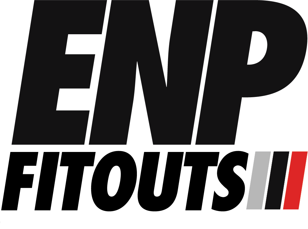 Black text logo reading ENP FITOUTS with three vertical bars in gray, black, and red on a white background.
