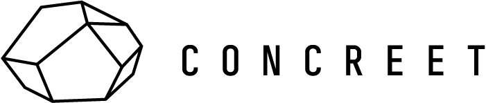 Concreet wordmark with geometric multifaceted stone-shaped logo on the left.