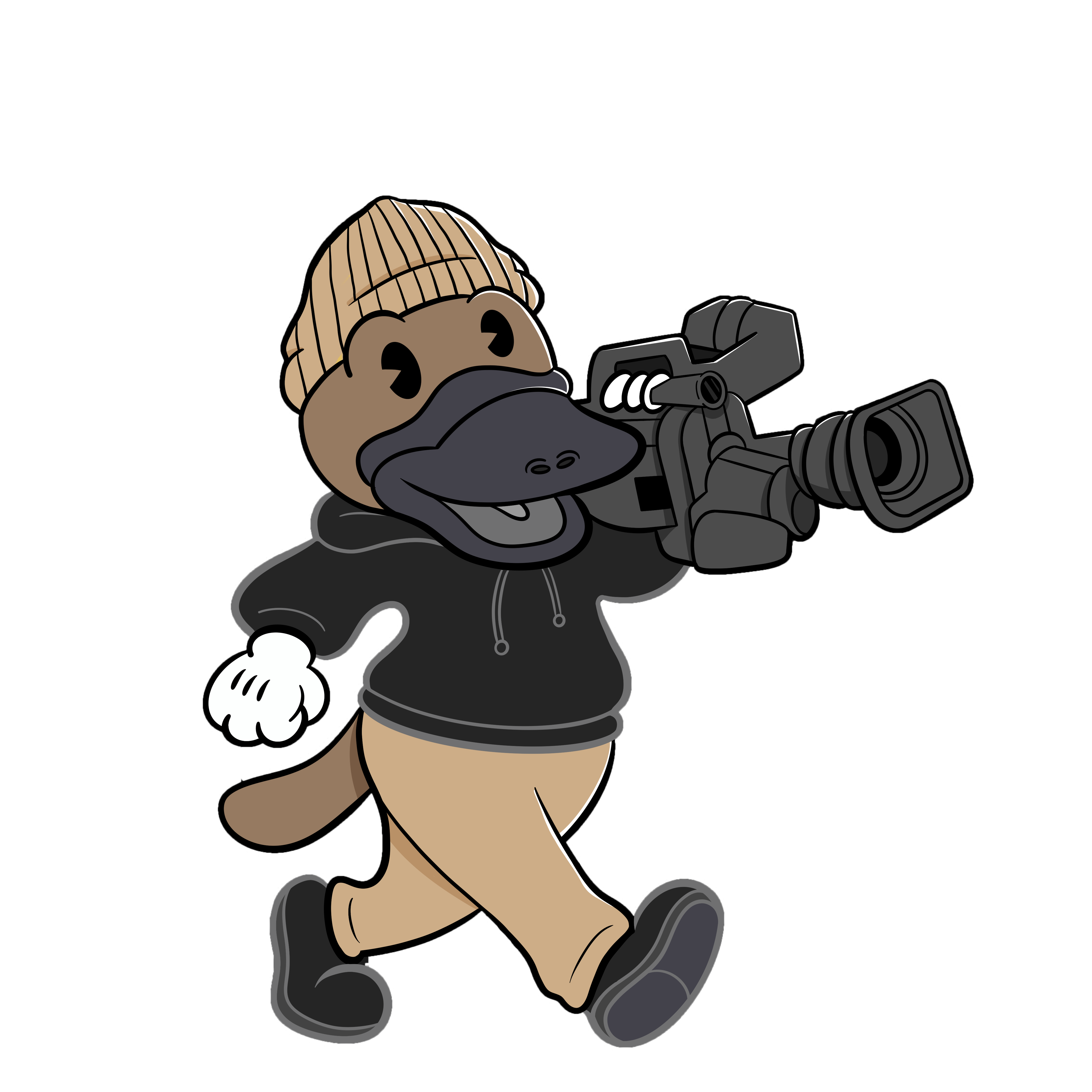 Cartoon platypus filmmaker holding a professional video camera, symbolising Kehoe Studio’s multimedia and video production services in Brisbane.