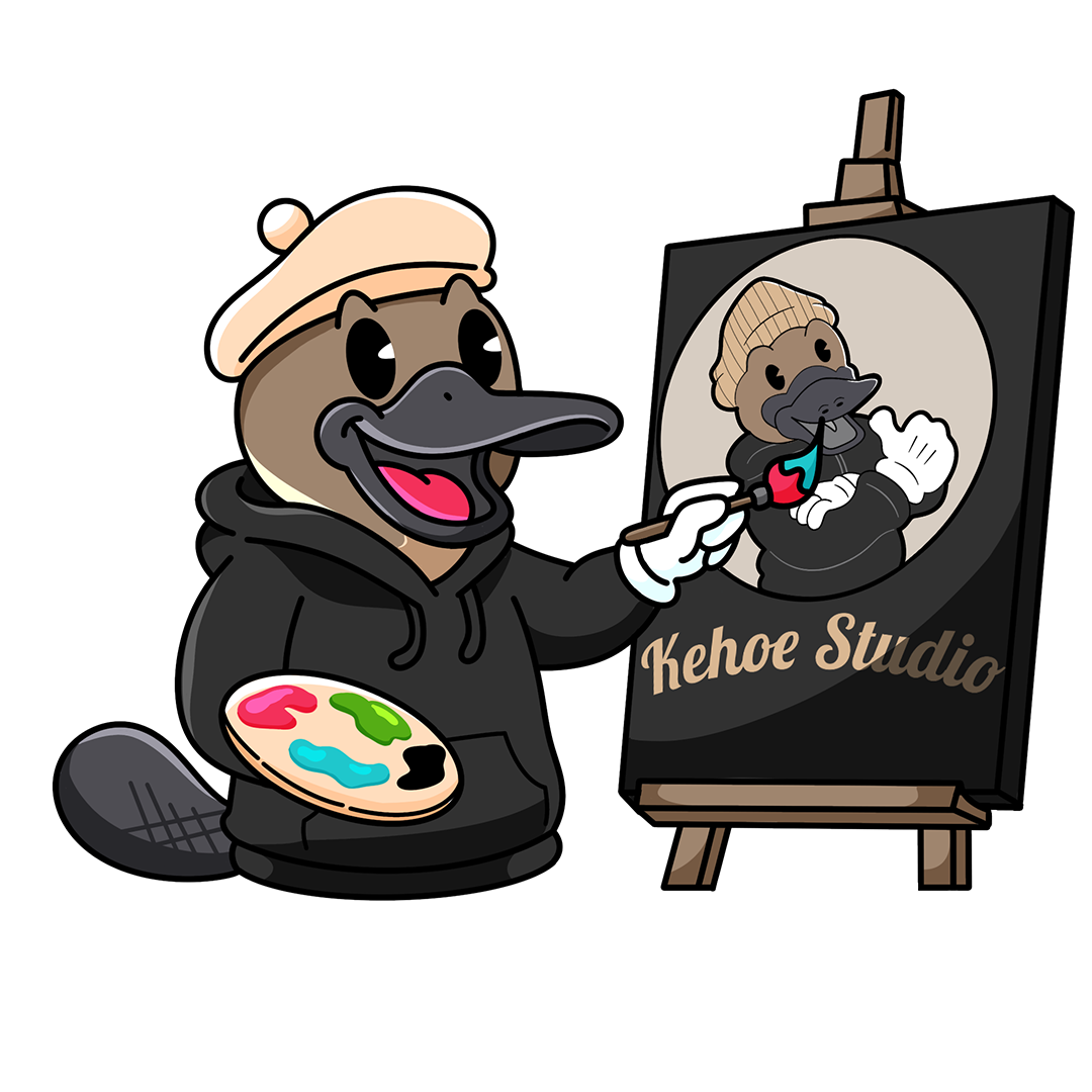 Cartoon platypus artist painting a self-portrait on an easel with “Kehoe Studio” written on the canvas, symbolising creative branding and identity design.