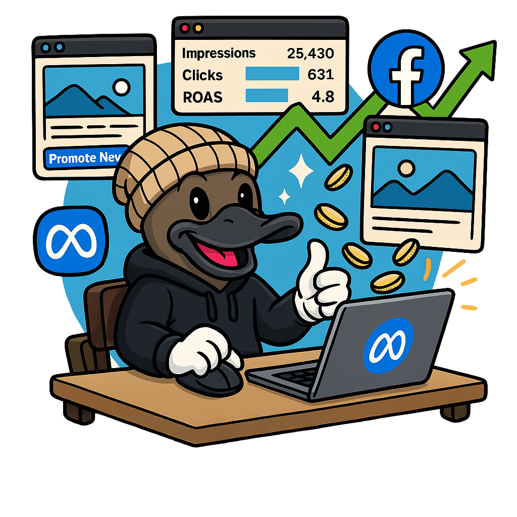Cartoon platypus running Facebook ad campaigns on a laptop with Meta and Facebook logos, rising performance stats, and coins, representing Kehoe Studio’s Facebook advertising and paid social services.