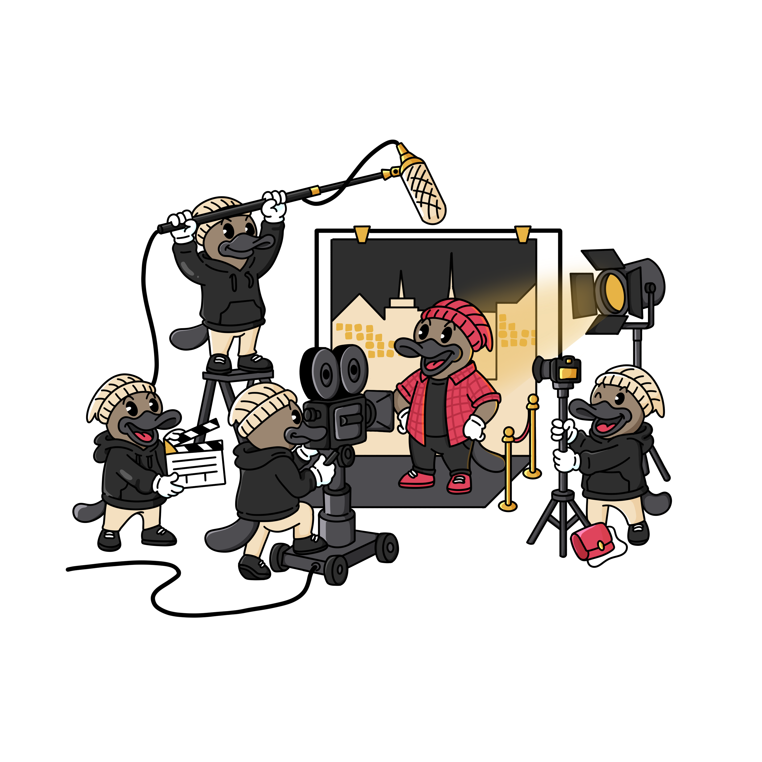 Cartoon platypus filmmaker holding a professional video camera, symbolising Kehoe Studio’s multimedia and video production services in Brisbane.