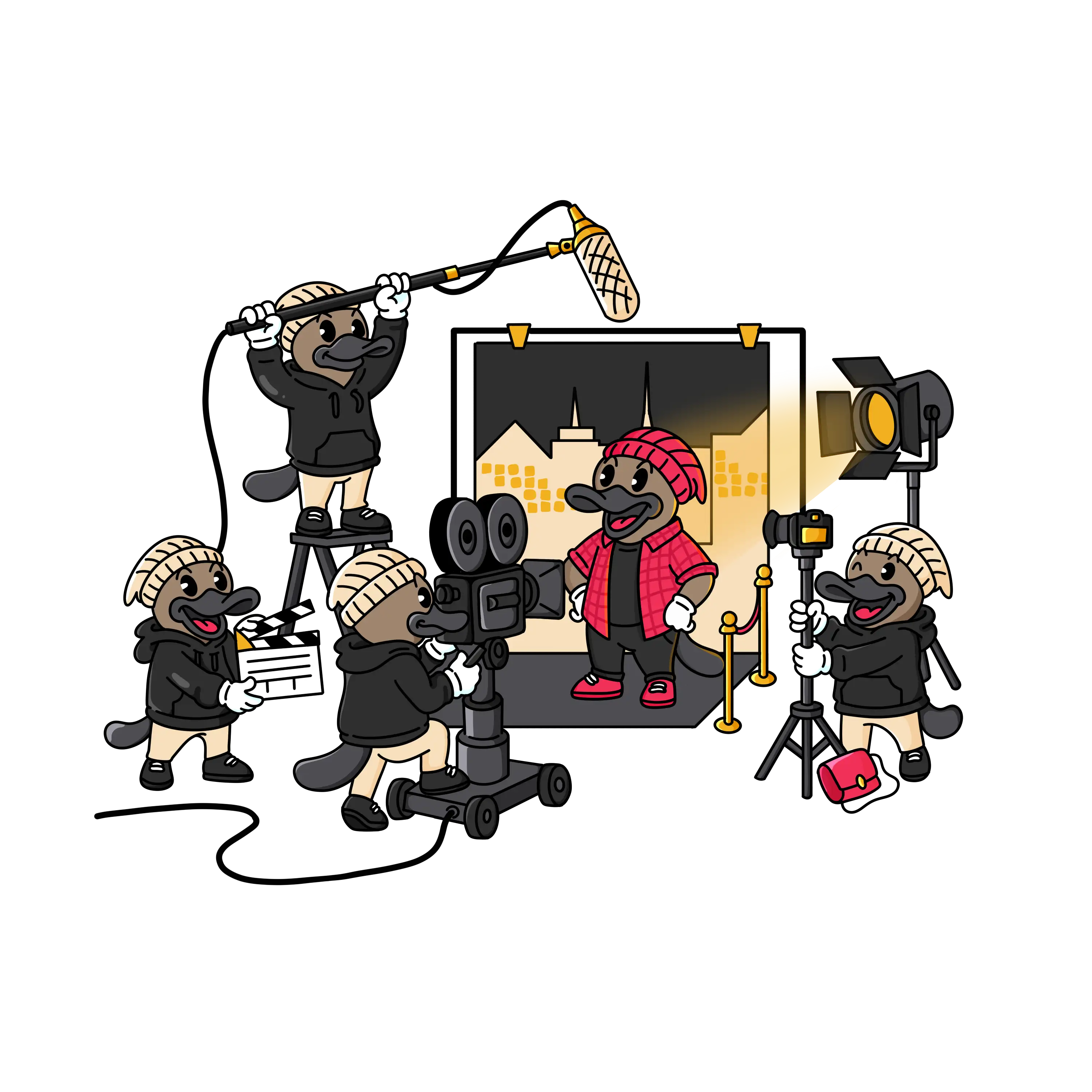 Cartoon platypus filmmaker holding a professional video camera, symbolising Kehoe Studio’s multimedia and video production services in Brisbane.