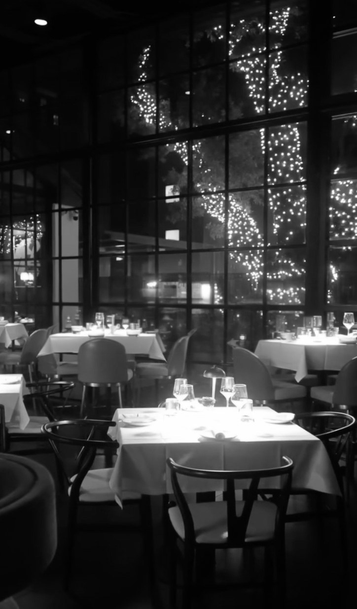 Candlelit restaurant dining room with set tables in front of tall windows