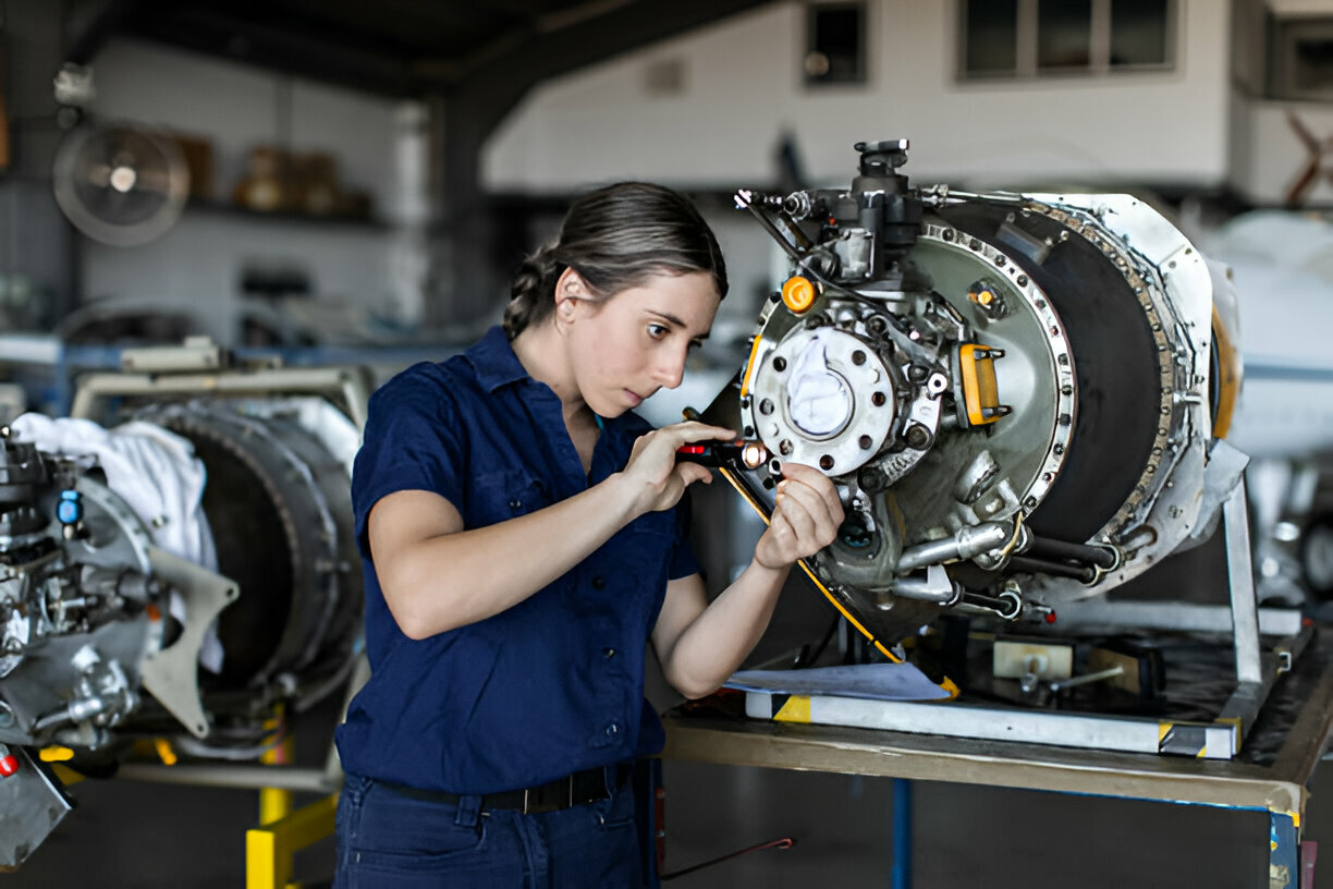 Technician in blue uniform inspecting complex mechanical equipment in workshop