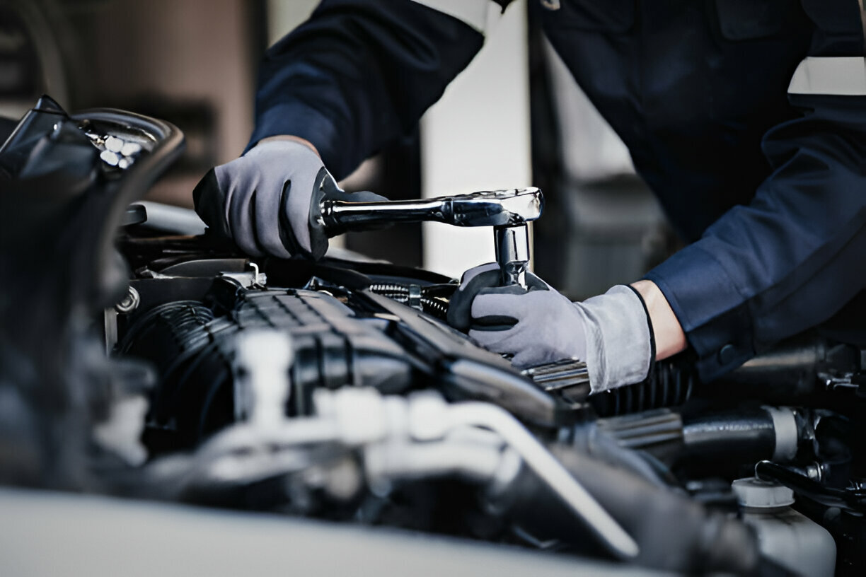 Mechanic repairing car engine with wrench, wearing protective gloves