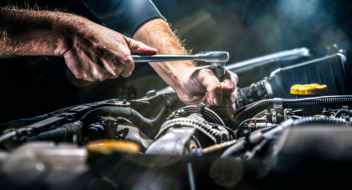 Mechanic's hands using a wrench to repair a car engine