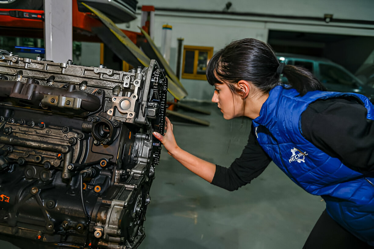 Mechanic in blue vest inspecting a complex engine in automotive workshop