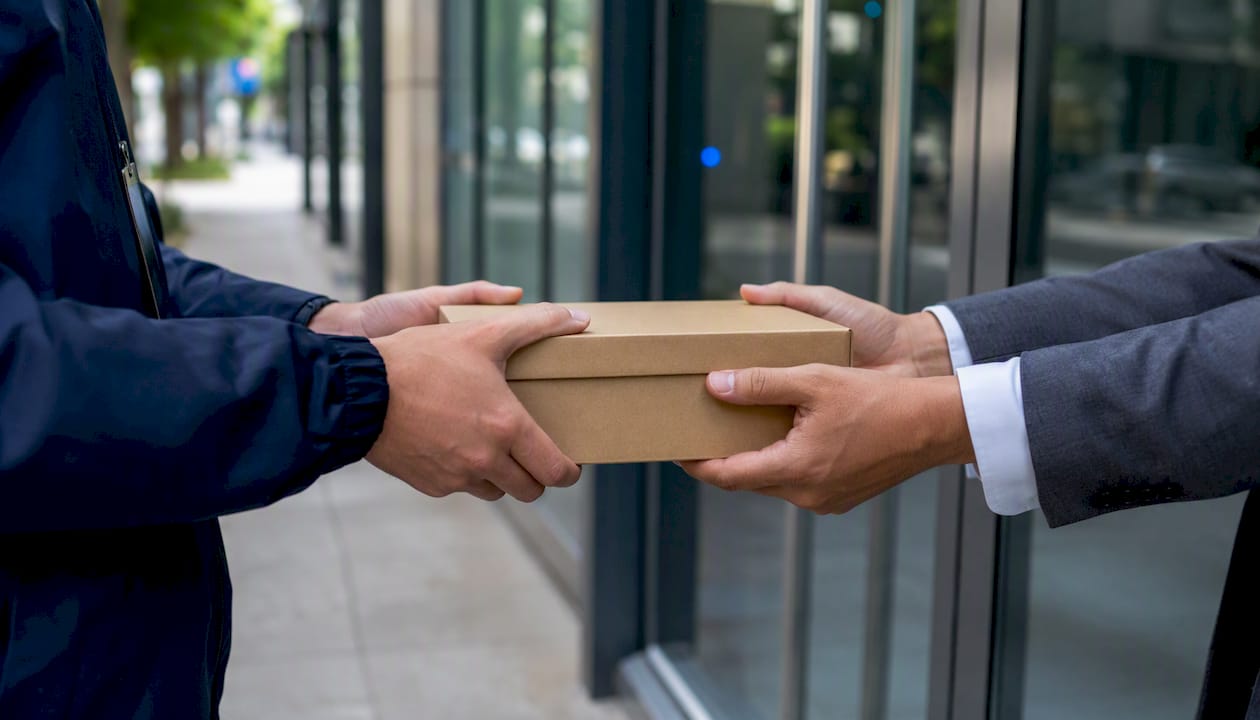 Hands exchanging package at office entry