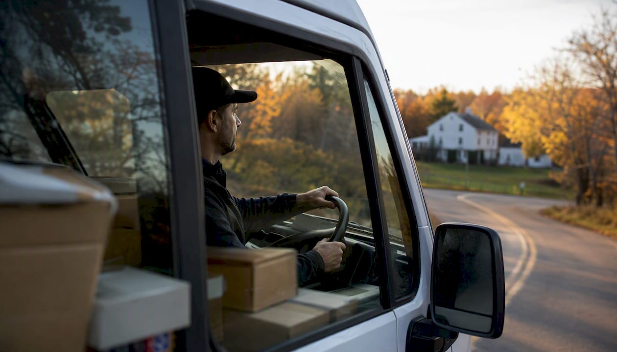 Driver on rural Nova Scotia road with parcels