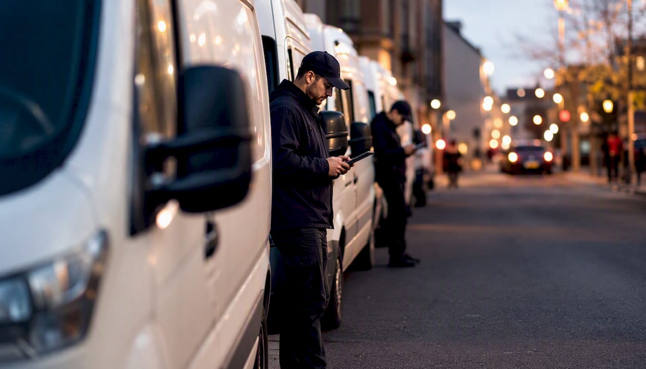 Delivery drivers checking handheld devices by vans