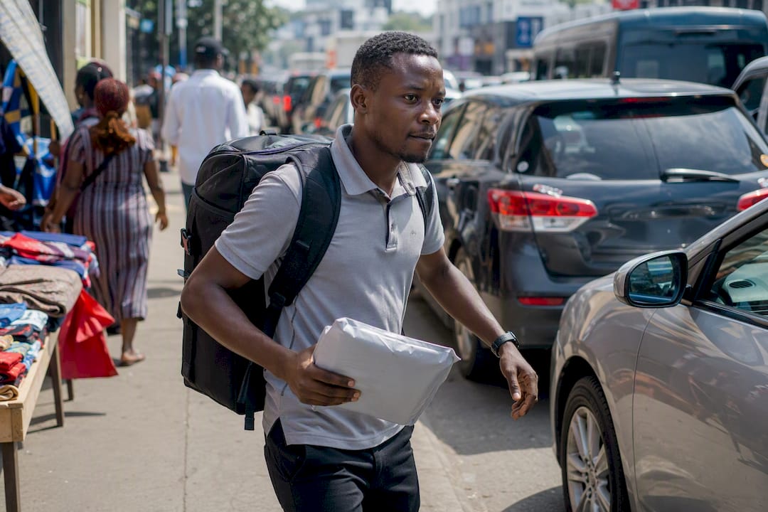 Delivery courier navigating traffic during rush hour