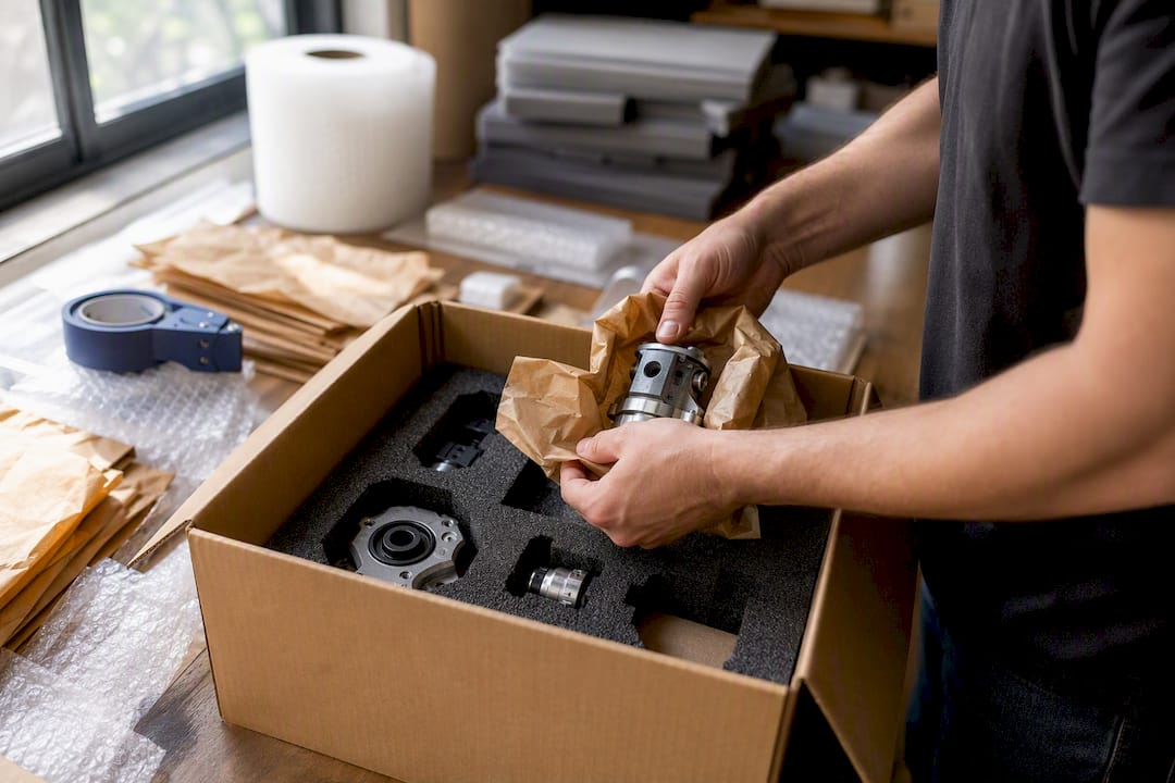 Hands packing fragile auto parts safely
