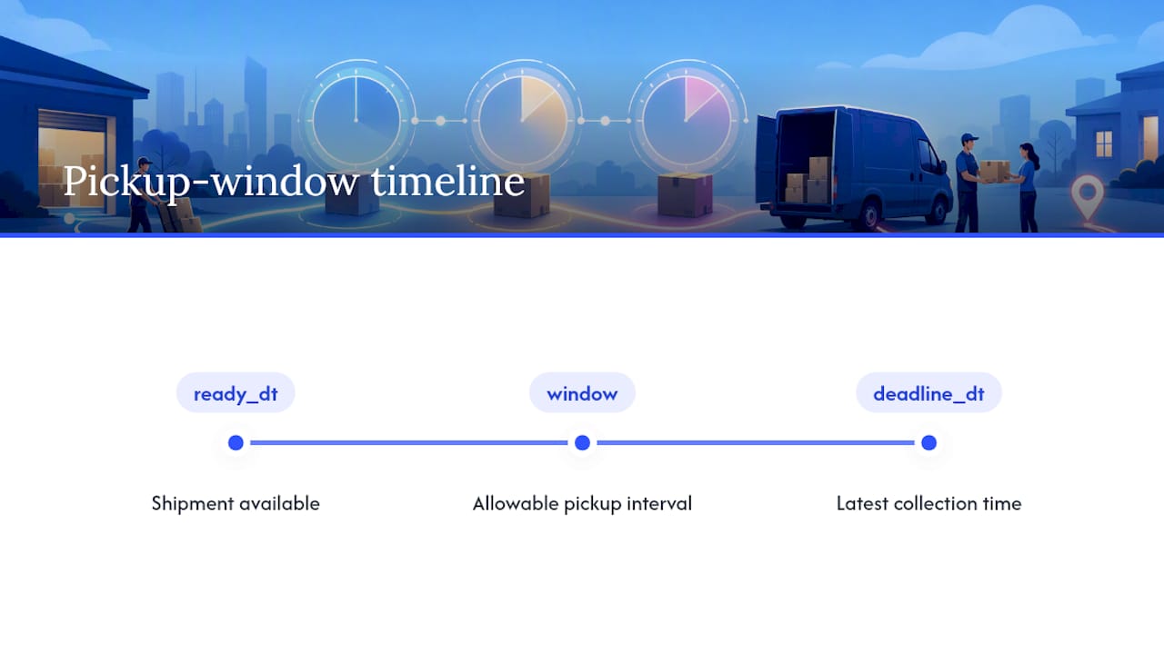 Pickup window timeline with two timestamp boundaries