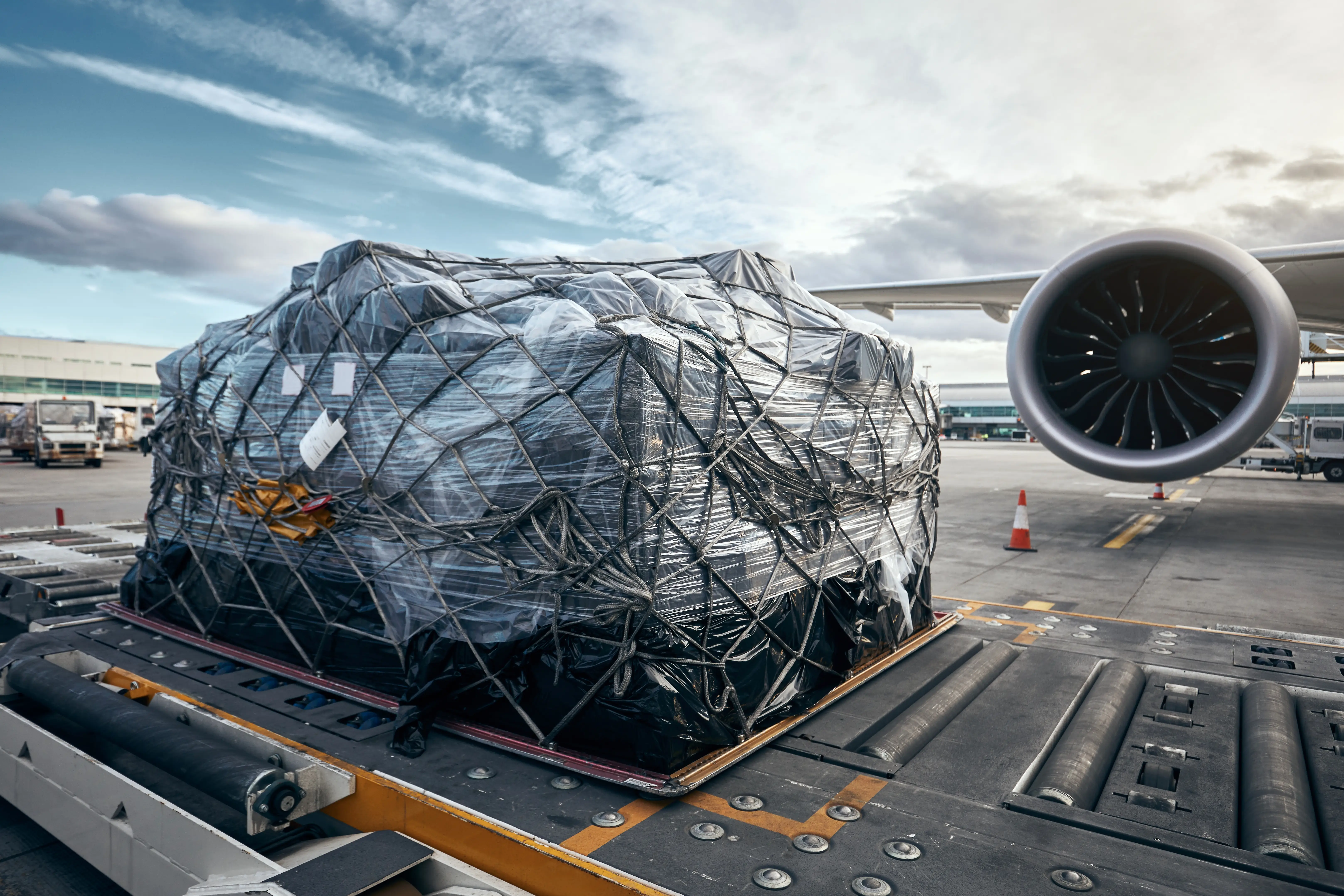 Cargo net-covered shipment on airport tarmac with airplane engine