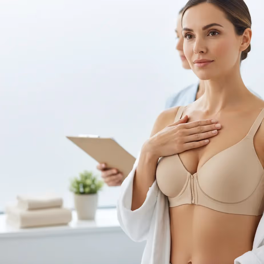 Smehljiva ženska v modrem športnem modrčku in bež pajkicah na sprehodu ob reki, ki drži oblačilo v roki.