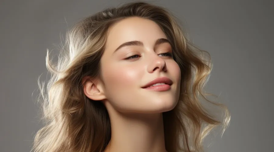 Nasmejana mlada ženska s svetlo rjavo kodrasto pričesko obrnjena v desno na sivem ozadju.