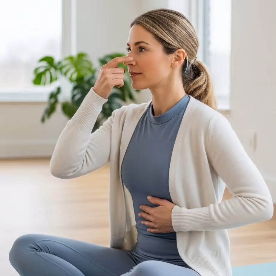 Stranski profil ženske po rinoplastiki in septoplastiki; poudarek na nosu in lahkotnem dihanju.