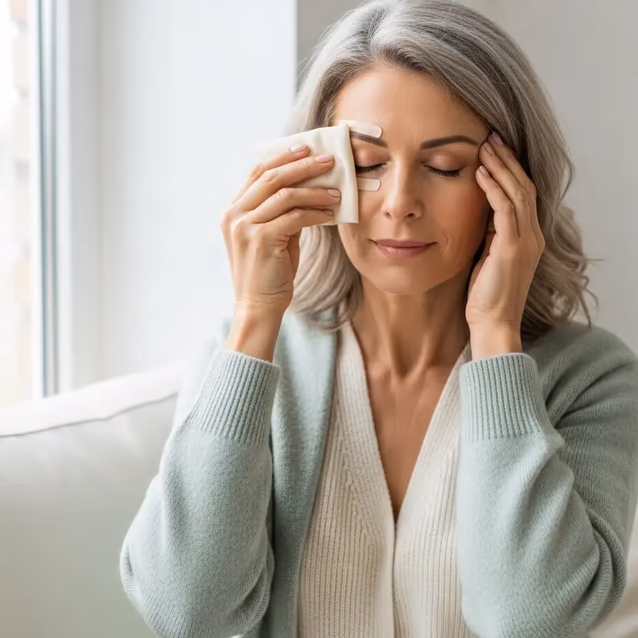 Bližinska fotografija oči po blefaroplastiki z nego in hladnim obkladkom, prikaz napredka v prvih tednih okrevanja.