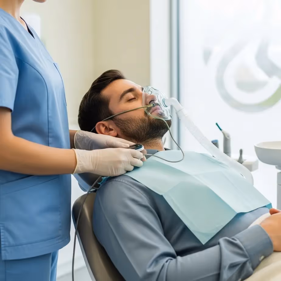 Pacient na zobozdravniškem stolu s kisikovo masko med pripravo na splošno anestezijo; miren in varen začetek posega z zaupanjem v ekipo.