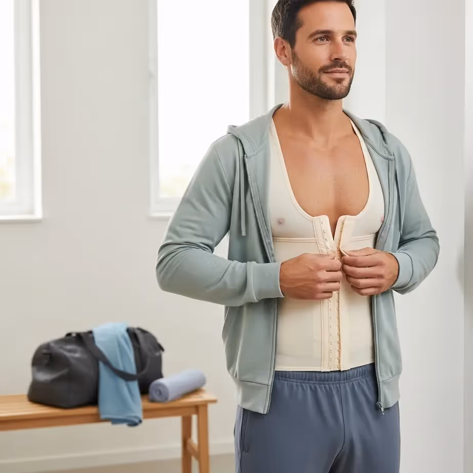 Moški v kompresijskem brezrokavniku po ginekomastiji, poudarek na ravnem prsnem košu in samozavestnem vrnitku v fitnes