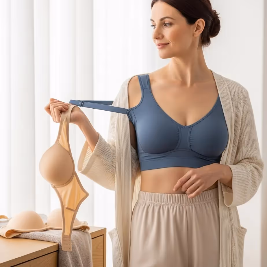 Ženska v kompresijskem nedrčku po zmanjšanju prsi, olajšanje in pravilna drža