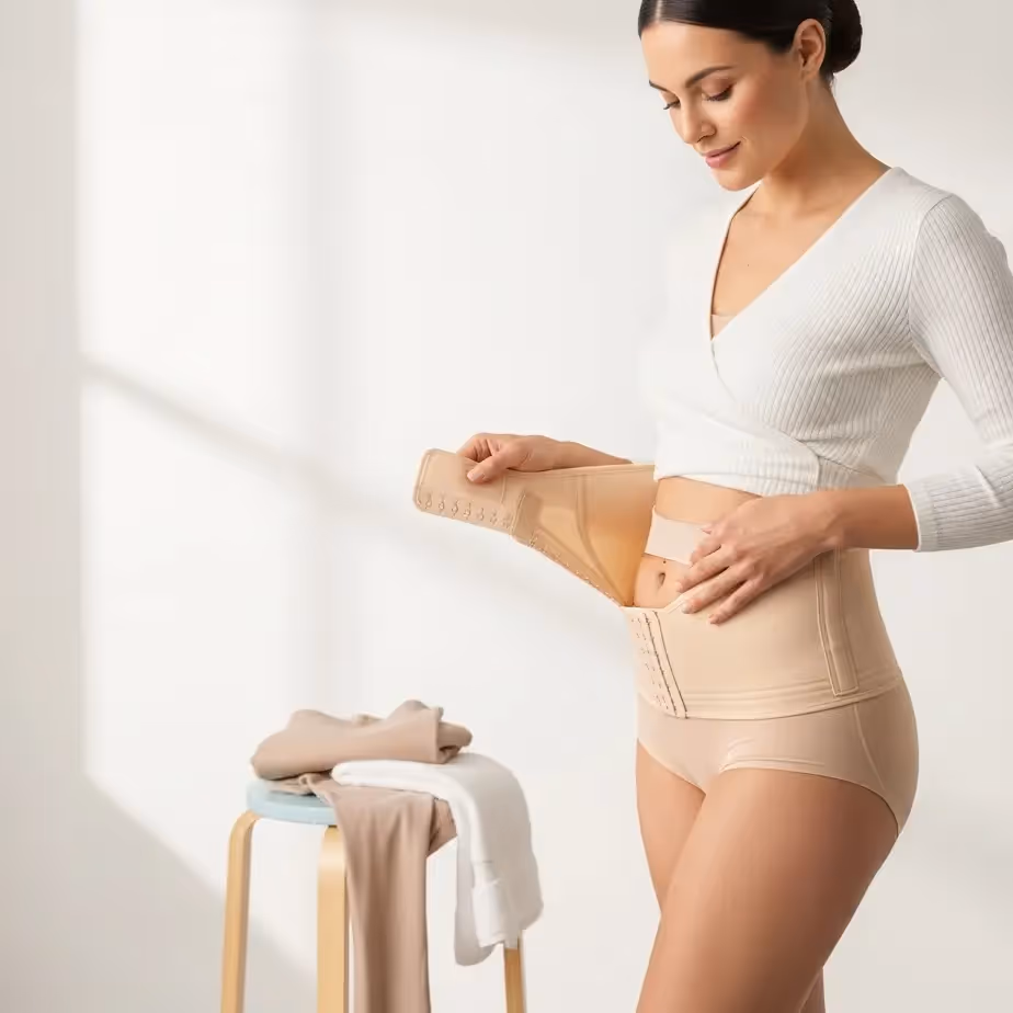 Pacientka nežno drži kompresijski pas in opozarja na razliko med odvečnimi kožo in žepki maščobe; informativna, pomirjujoča scena v dnevniškem, nežnem studiu.