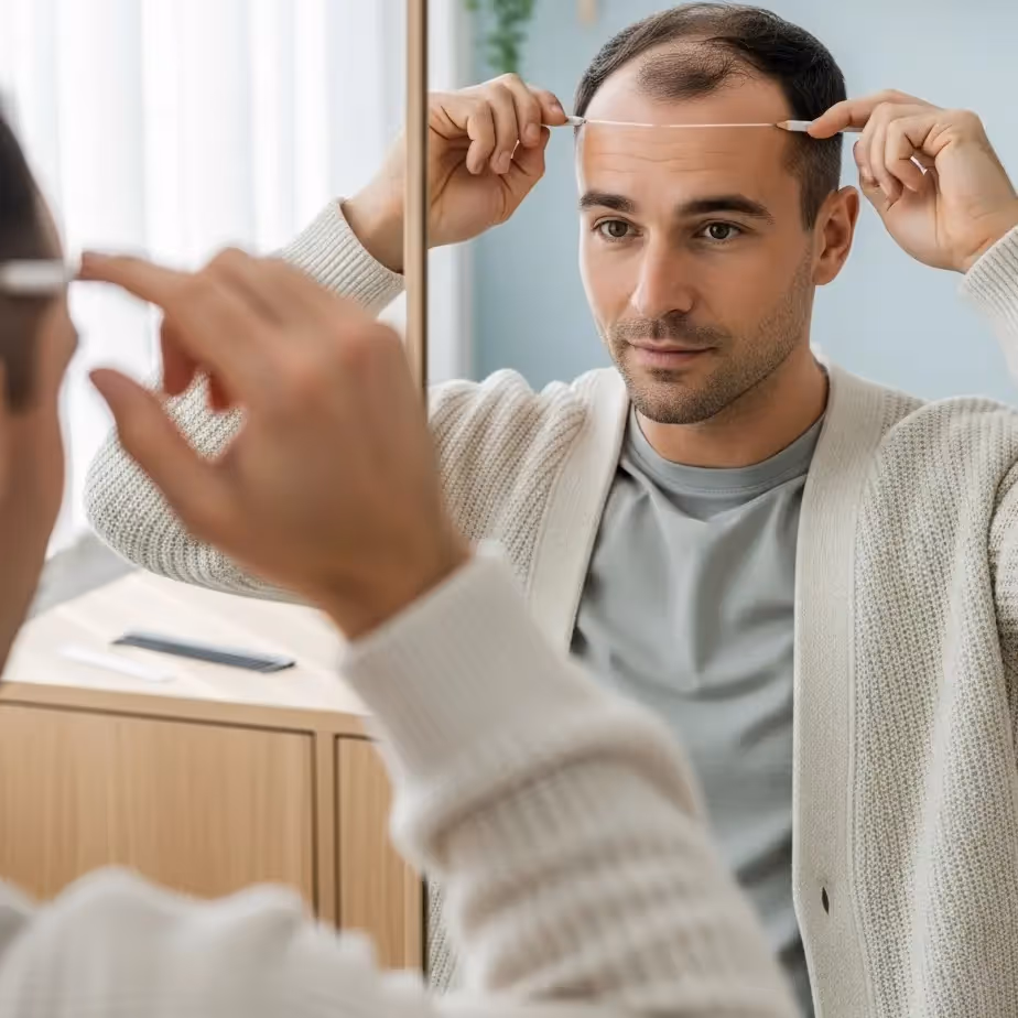 Moški na posvetu s začrtano lasno linijo in pregledom donorja; 6 meril za FUE presaditev las in realna pričakovanja.