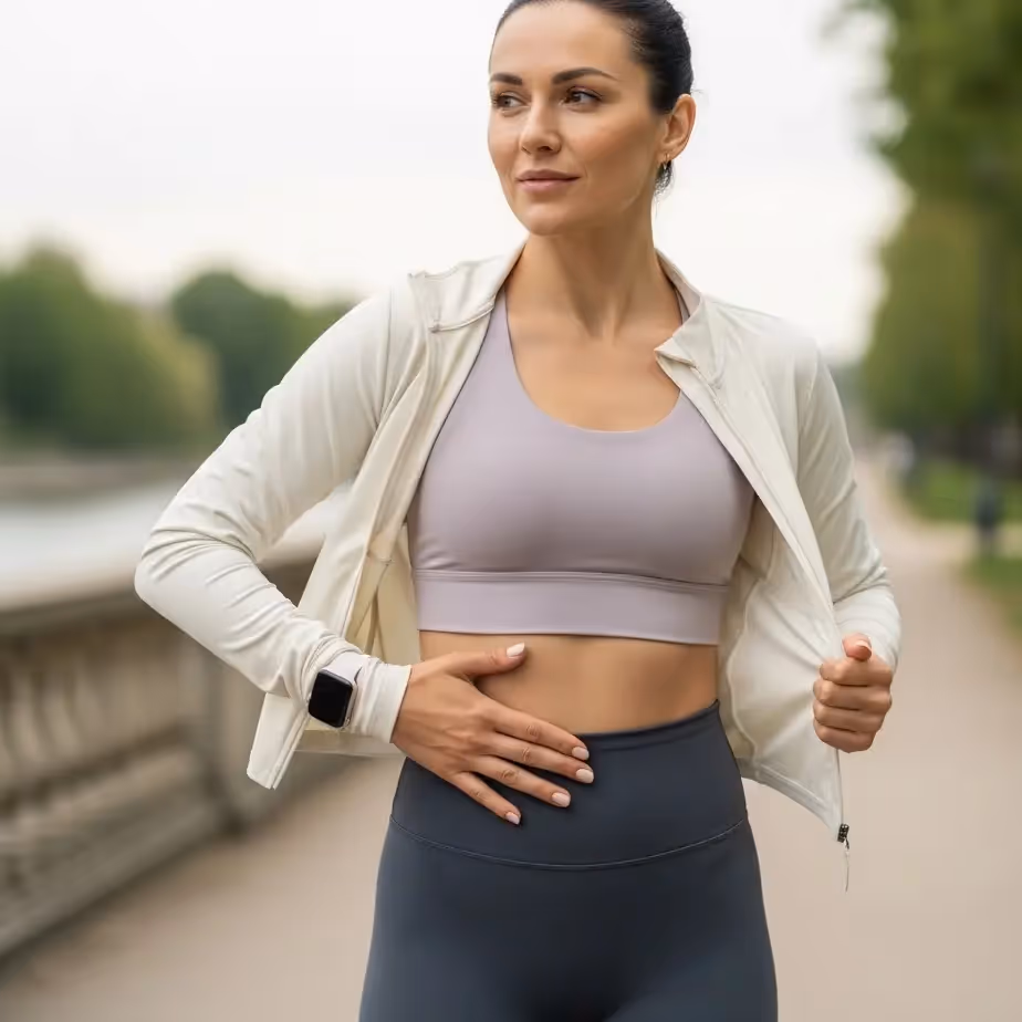 Aktivna ženska po posvetu za vaginalni laser samozavestno teče in se nasmehne; diskreten poudarek na medenici za stresno inkontinenco.