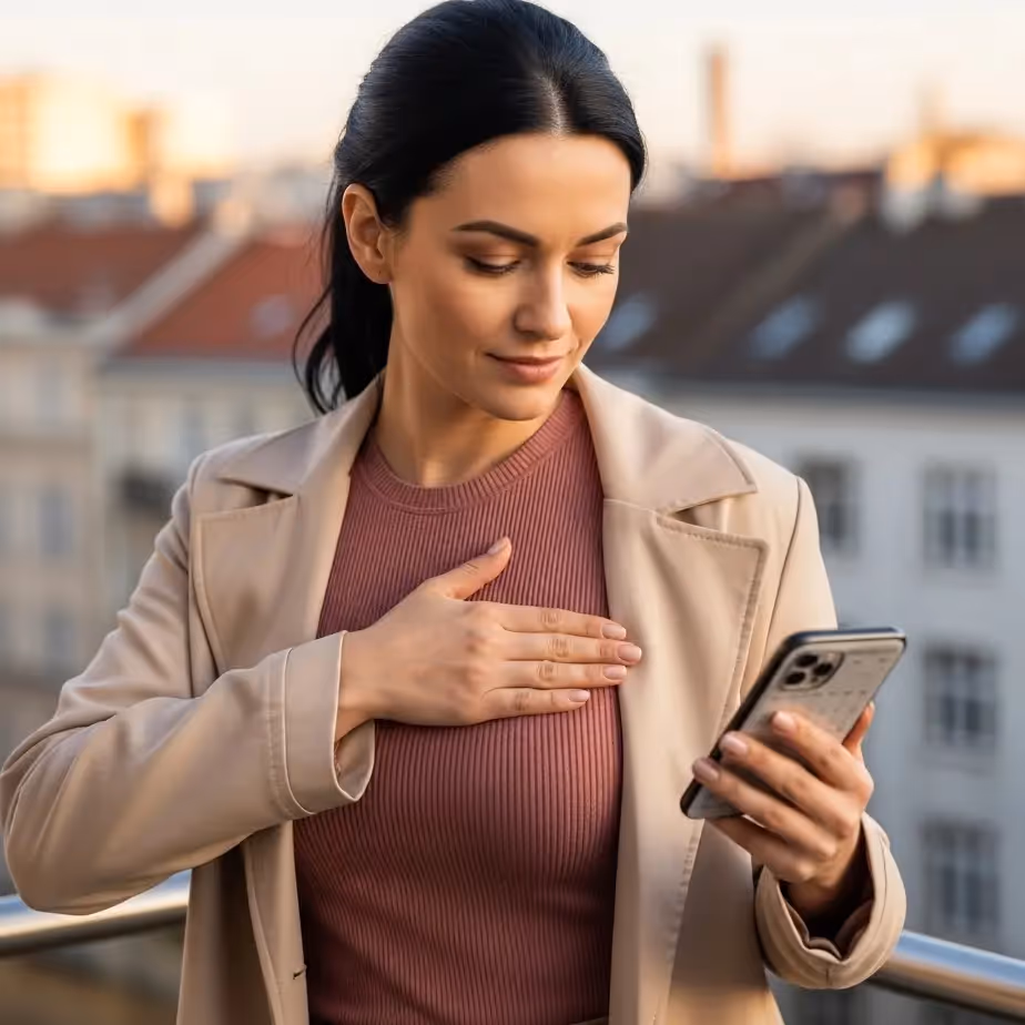 Diskreten prikaz bolečine in trdote pri prsnih vsadkih: ženska nežno tipa zgornji del dojke in preverja koledar – jasen namig, kdaj na pregled.
