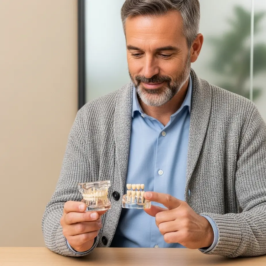 Manjkajoč zob? Primerjava zobni implantat ali mostiček na svetlem posvetu z modeloma čeljusti – jasen, pomirjujoč prikaz možnosti za lažjo odločitev.