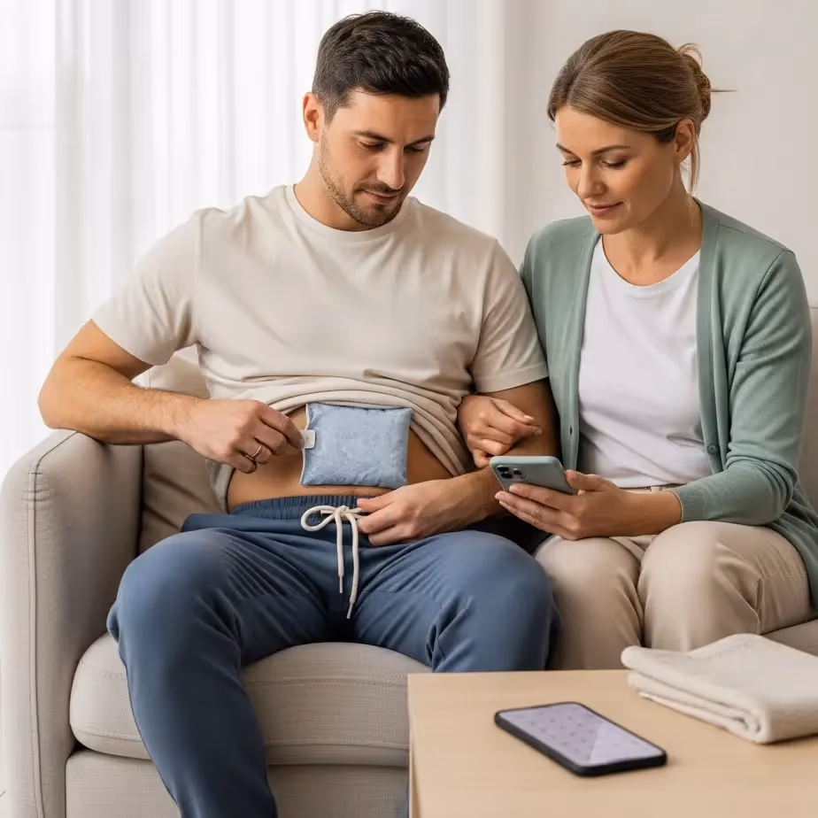 Vazektomija: par v svetlem domu, moški z nežnim hladnim obkladkom na spodnjem trebuhu – realen načrt in mirno okrevanje.