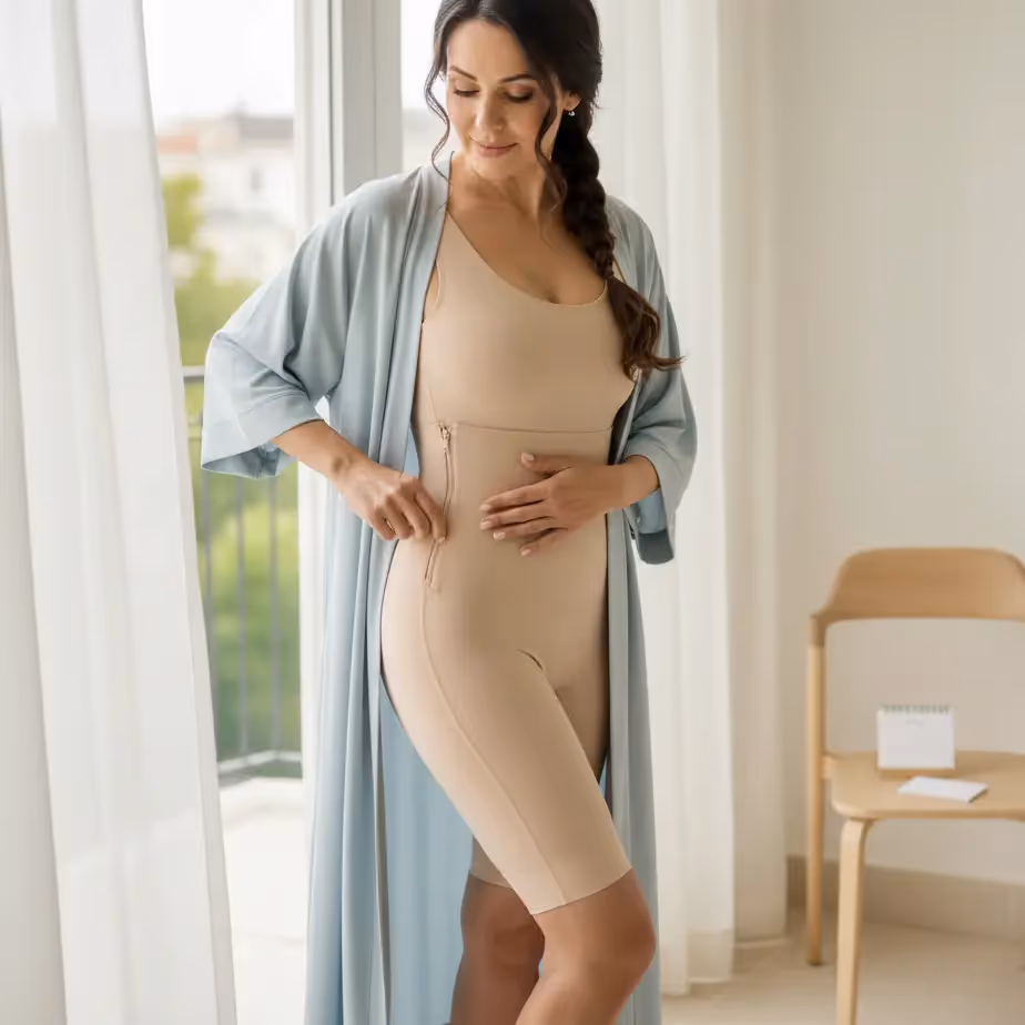 Body lift po hujšanju: diskreten prikaz 360° preoblikovanja pasu, bokov in spodnjega hrbta s kompresijsko obleko – enofazno ali fazno.