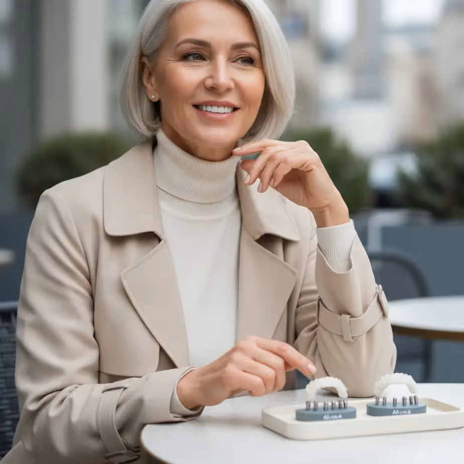 All‑on‑4 ali All‑on‑6: svetla, profesionalna slika z nasmehom in dvema modeloma za primerjavo fiksnega mostu na implantatih.