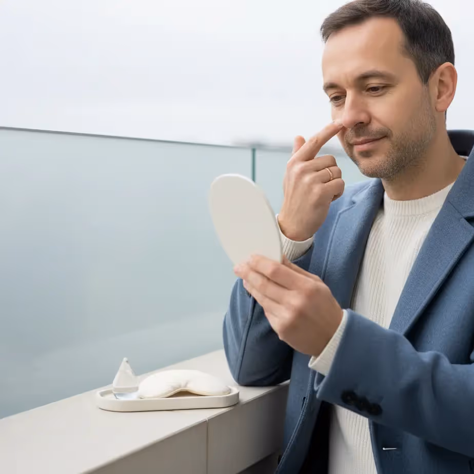 Moški na balkonu diskretno poudari predel pod očmi; jasen vizual primerjave operacija ali polnila za podočnjake z namigom na okrevanje.