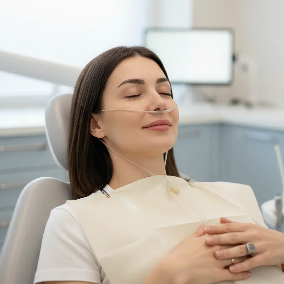 Sproščen odrasel pacient v dentalnem stolu; splošna anestezija pri zobozdravniku zagotovi varnost, udobje in miren potek posega.