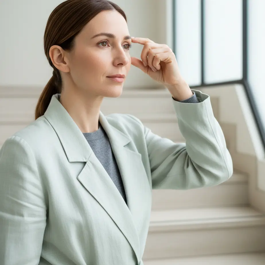Težke veke? Jasna primerjava dvig obrvi vs. blefaroplastika z nežnim dvigom obrvi in stiskom kožne gubice; čist, naraven fokus na predelu oko–obrvi.