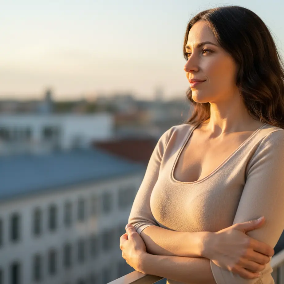 Ženska po premišljenem povečanju prsi samozavestno stoji na balkonu ob sončnem zahodu in se sproščeno zazira v mesto.
