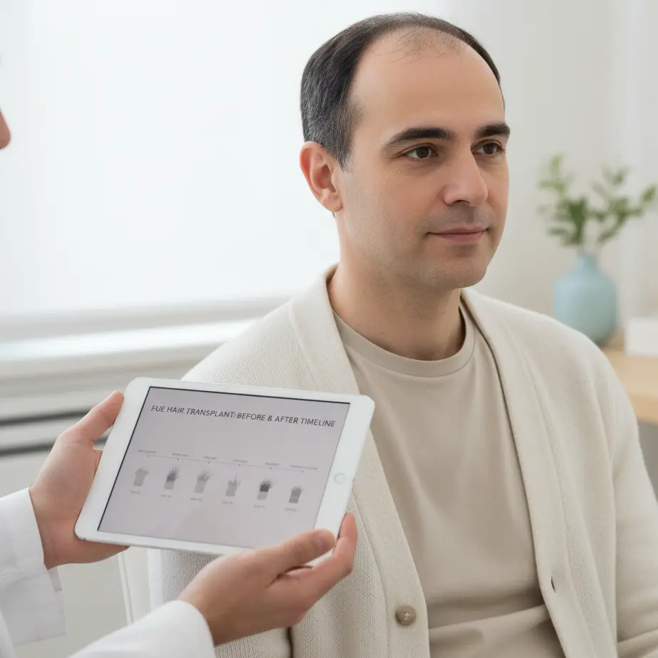 Moski v sodobni kliniki se z zdravnikom pogovarja o FUE presaditvi las in casovnici realnih rezultatov brez iluzij.